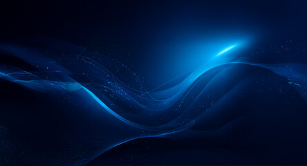 Abstract dark blue background featuring flowing light blue waves and a bright light source on the upper right side.