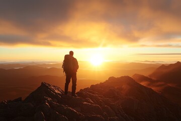 Obraz premium Hiker stands on rocky mountainside while watching breathtaking sunset over distant peaks in the evening sky