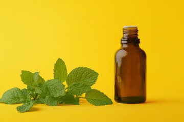 Brown bottle and mint leaves on vibrant yellow background. Artificial Intelligence image