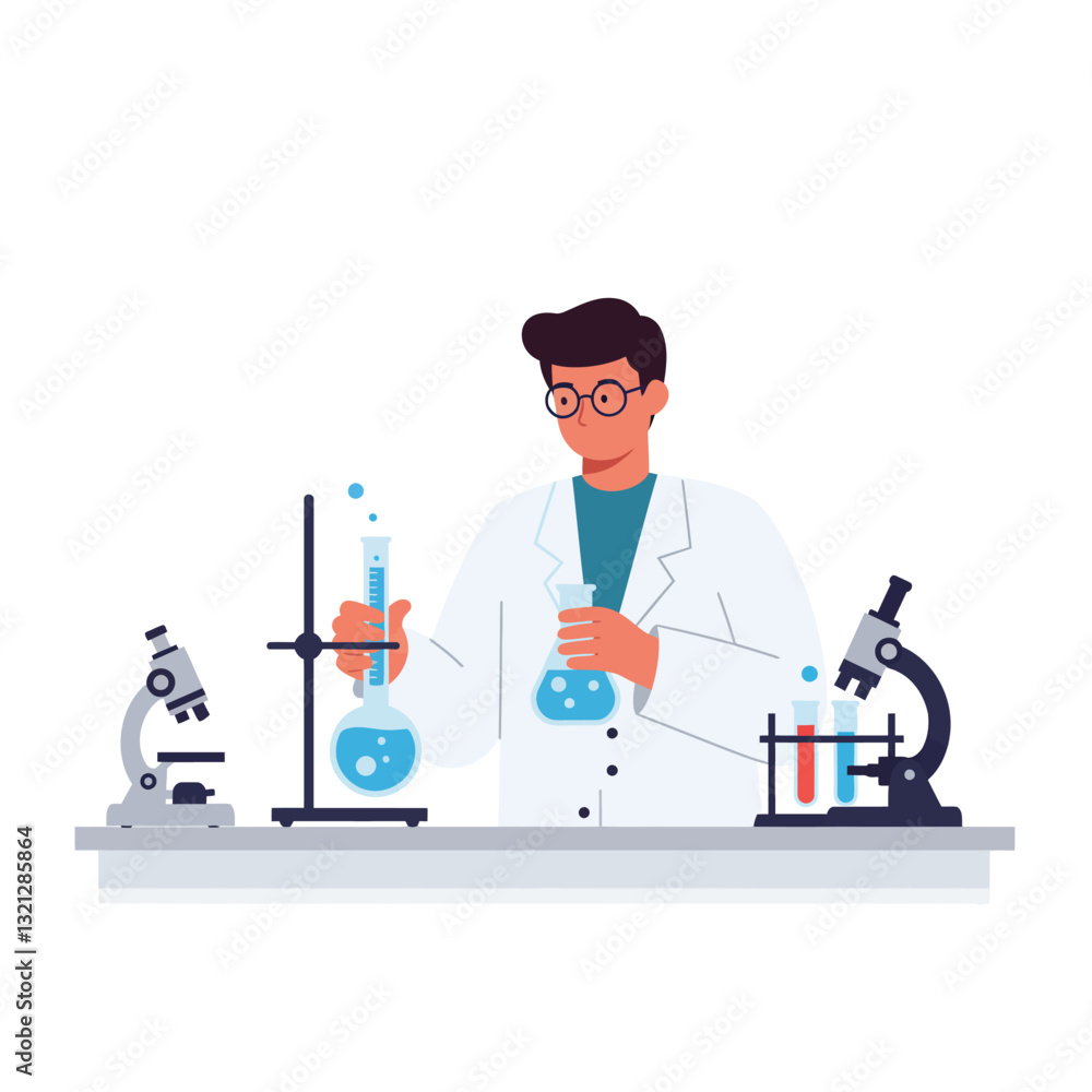 Poster scientist conducting experiments in a laboratory with flat design vector illustration