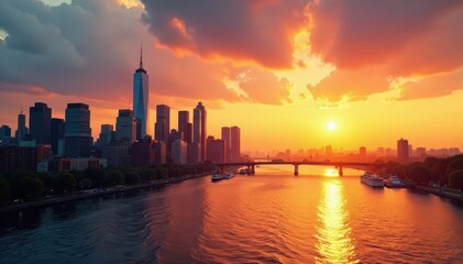 Fototapeta premium Golden hour paints Manhattan skyline, Hudson River gleaming , spectacular, photo, Hudson River