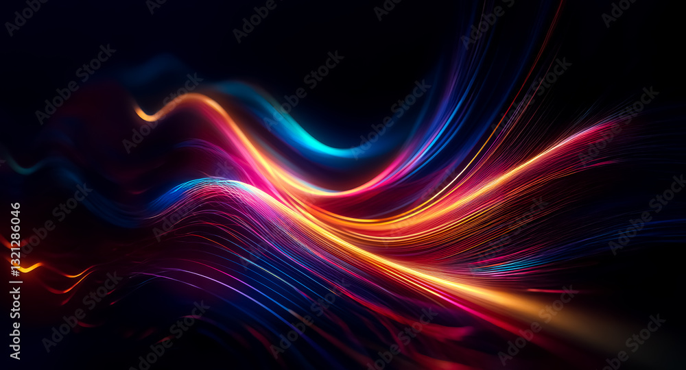 Poster abstract waves of vibrant light flow across a dark backdrop, creating a dynamic and colorful display