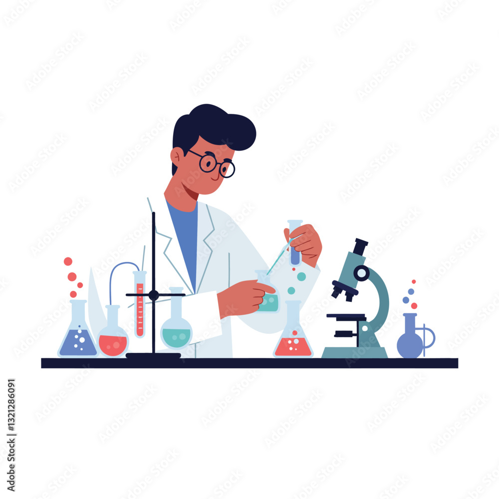 Aufkleber scientist conducting experiments with colorful liquids in flat vector art style vector illustration