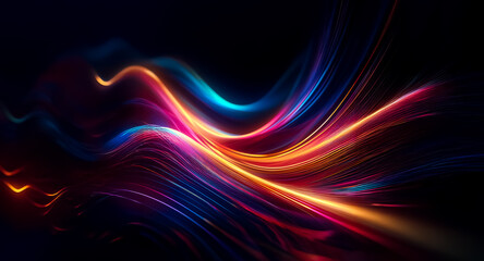 Obraz premium Abstract waves of vibrant light flow across a dark backdrop, creating a dynamic and colorful display. Luminous curves glow with hues of orange, pink, blue, and purple, evoking energy and movement.