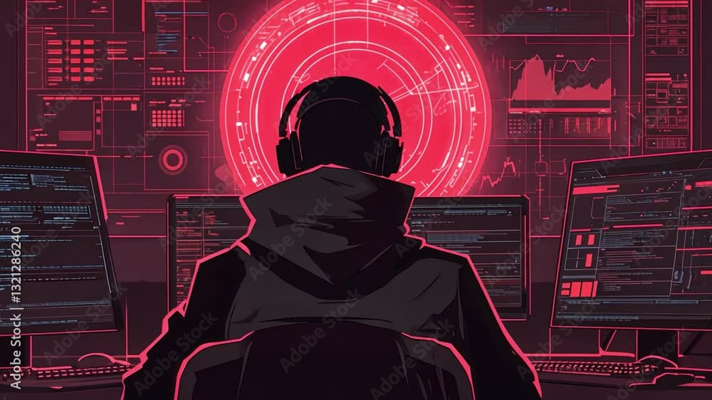 Poster futuristic hacker working on multiple screens in a high-tech cybersecurity environment with glowing 