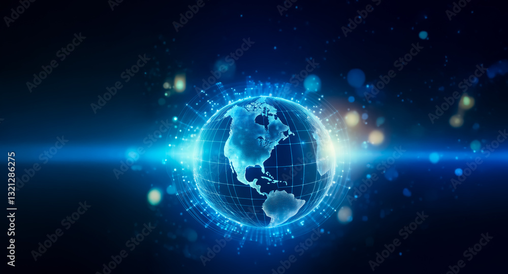 Poster digital blue globe with illuminated network connections and light streaks on a dark backdrop showcas