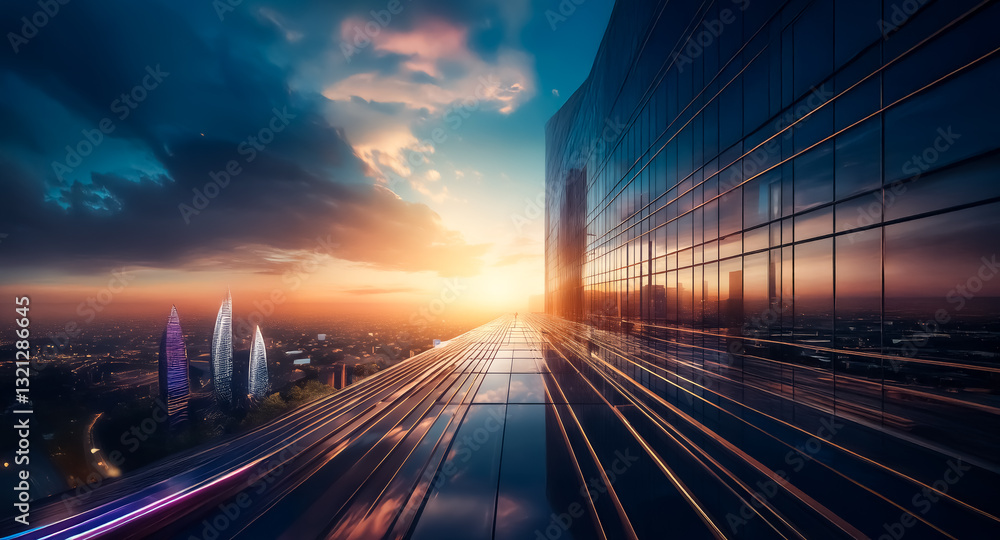 Aufkleber sleek cityscape at sunset. dynamic perspective with modern buildings reflecting vibrant sky. urban s
