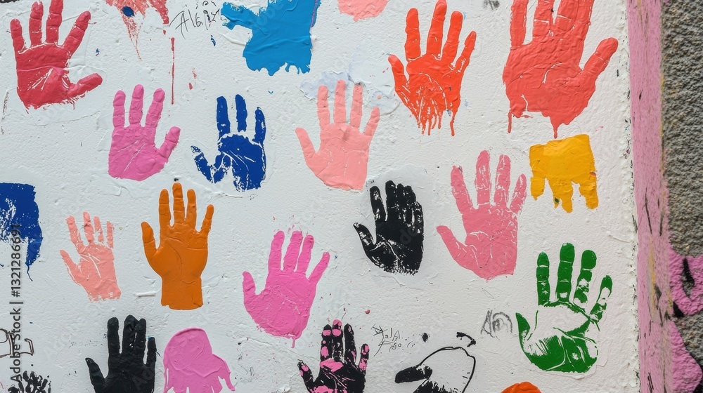 Poster close-up of a wall covered in colorful handprints. the handprints are arranged in a grid-like patter