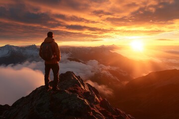 Fototapeta premium Hiker enjoying breathtaking sunset view over mountain range with clouds in the foreground