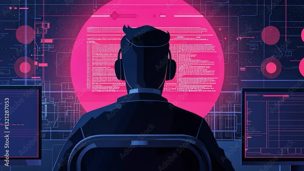 Poster futuristic cybersecurity expert analyzing data with advanced technology in a dark room with neon lig