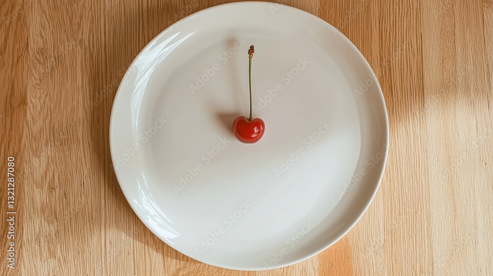 Poster white plate with a single red cherry on it. the plate is oval in shape and has a smooth surface. the