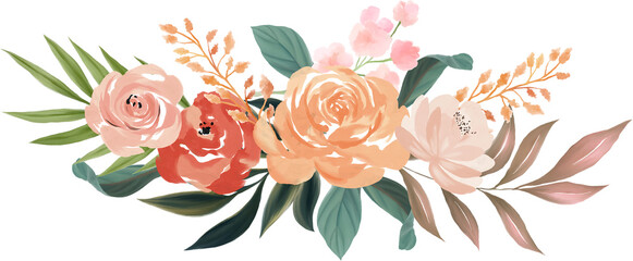 Watercolor  peony rose bouquet nature illustration. Hand draw  digital art painting isolated elements
