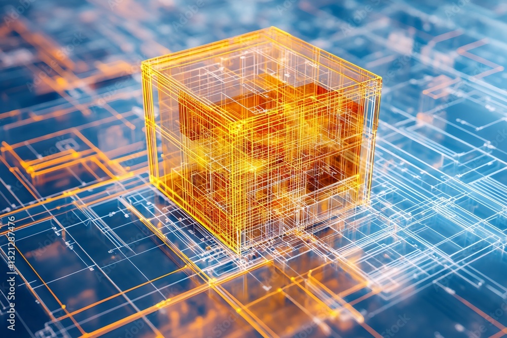 Poster transparent orange cube on interconnected network grid