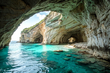 Fototapeta premium A breathtaking view of a secluded cove with vibrant turquoise water and majestic limestone caves.