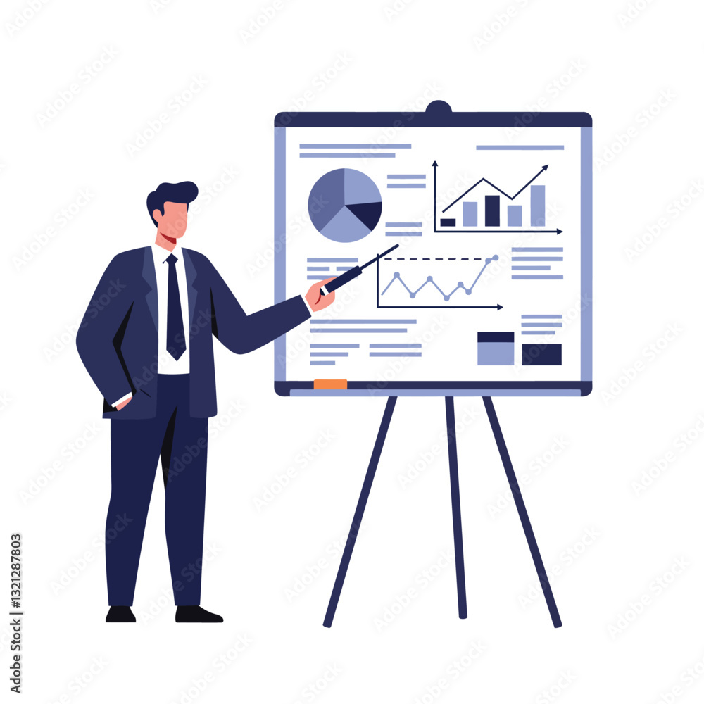 Poster businessman presenting data analysis on a chart in flat vector art