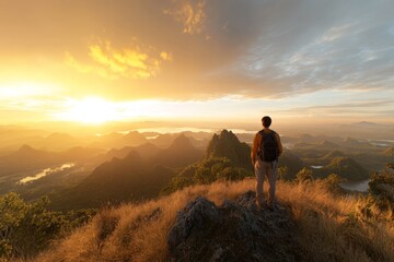 Obraz premium Hiker gazes at vibrant sunset over mountainous landscape in the early evening