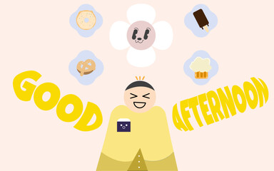 Illustration celebrating a delightful afternoon, a cheerful character dressed in vibrant yellow, surrounded by delicious afternoon treats like a donut, pretzel, ice cream, and a refreshing drink.