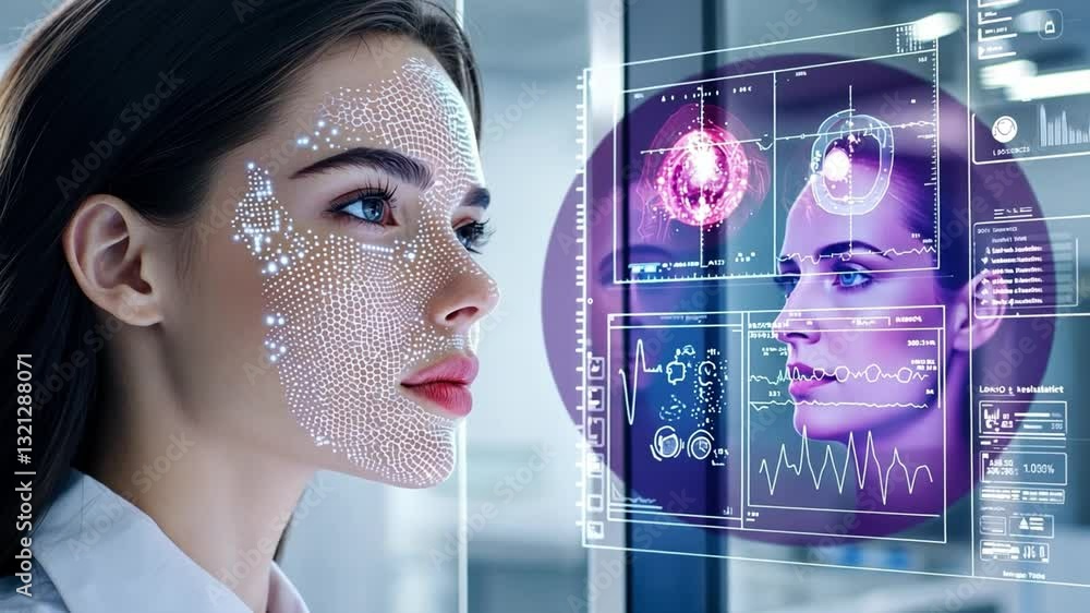 Poster female scientist analyzing data on transparent screen with digital displays and facial recognition t