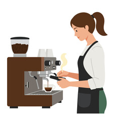 Barista preparing coffee with espresso machine in flat vector art style
