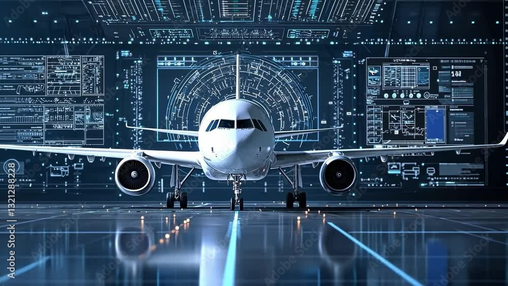 Poster futuristic aircraft on runway with digital interface and high-tech graphs displaying aerospace engin