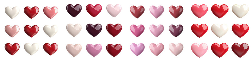 Vibrant Heart Shaped Symbols of Love Romance and Affection on White Background  An abstract composition of various red pink and white hearts in different sizes textures and glossiness levels