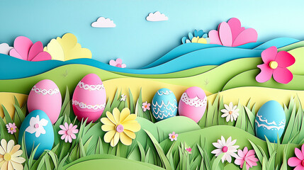 Colorful paper cut-out scene of Easter eggs and flowers in a vibrant spring landscape