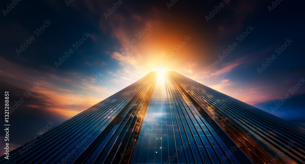 Aufkleber low-angle shot of a modern skyscraper ascending to a vibrant sunburst in a dynamic, cloudy sky. sens