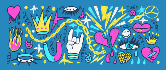 Rock crayon set. Punk breaking heart, demon and angel doodle background. Scribble grunge hand drawn poster elements. Devil horns and crown collage. Vector marker hand drawn wall art illustration.