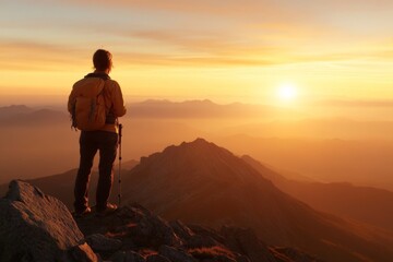 Fototapeta premium Hiker enjoys breathtaking sunset views from mountain summit during evening adventure in serene landscape
