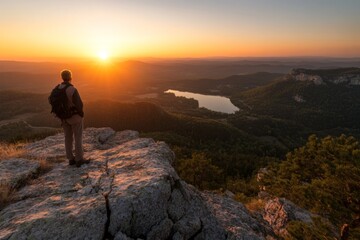 Obraz premium Sunset view from a rocky overlook with a lone hiker admiring the landscape in the distance