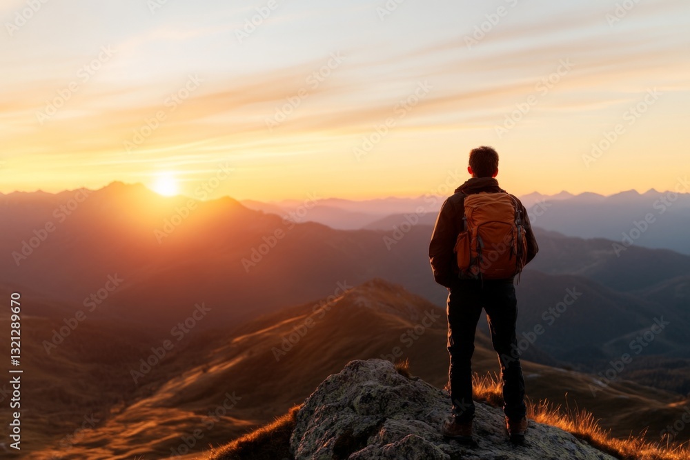 Poster man with backpack enjoys vibrant sunset view from mountain peak in serene wilderness setting
