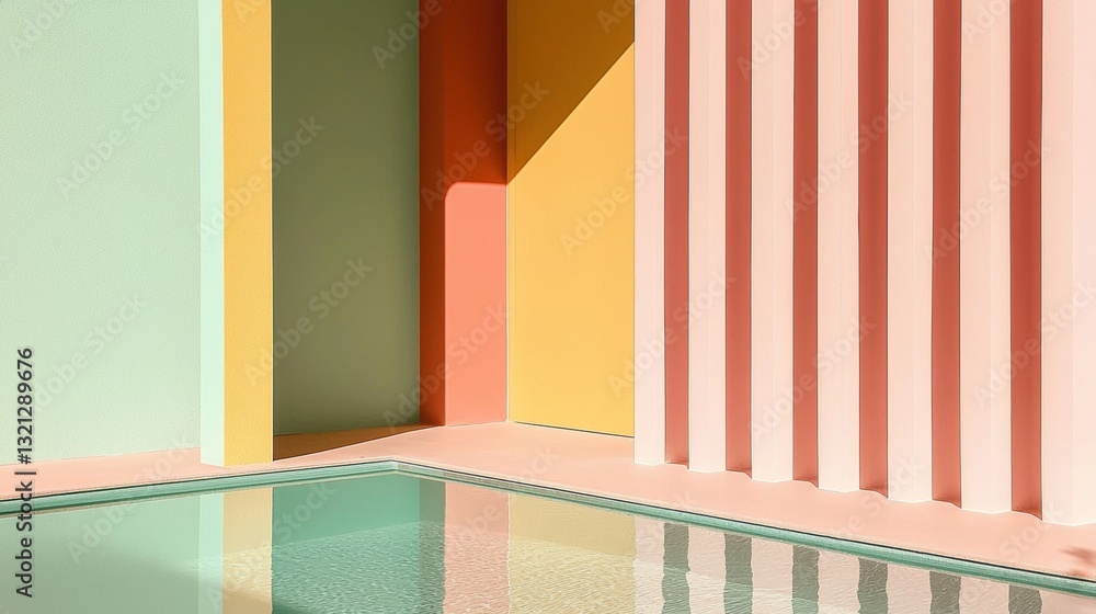 Poster 3d rendering of a room with a pool in the foreground. the walls are painted in different colors - gr