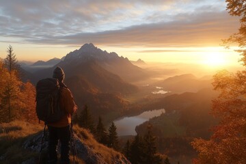 Fototapeta premium Breathtaking sunrise view over mountain landscape with hiker and autumn foliage near a serene lake