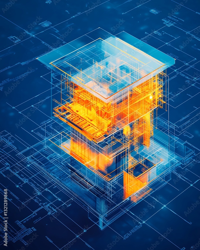 Poster wireframe building model overlaid on blueprint