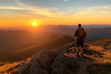 Fototapeta premium Hiker enjoying beautiful sunset view over mountain range during golden hour