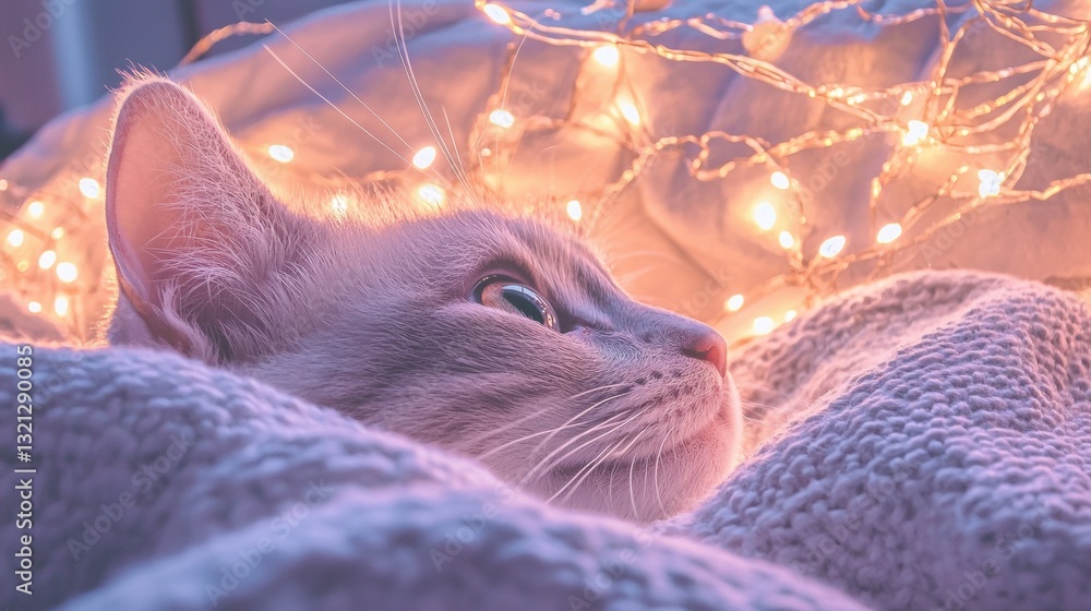 Poster close-up of a cat's face. the cat is lying on a bed with a gray blanket draped over it. the backgrou