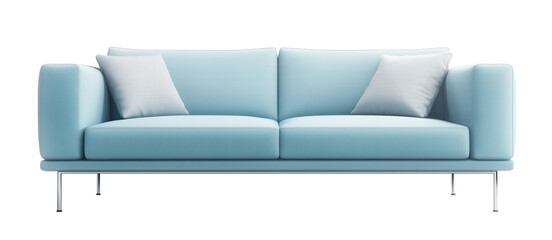 Stylish and contemporary light blue sofa with soft cushions, set against a transparent background. Ideal for modern interior design, comfort, and home decor inspiration.