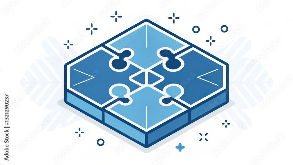 Poster a stylized blue puzzle piece design, featuring intricate shapes and patterns, suggesting themes of c