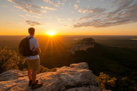 Person watches sunset from mountain top overlooking lush valley and distant hills at golden hour in serene landscape