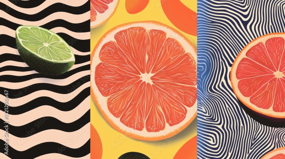 Poster collage of three different patterns. the first pattern on the left is a black and white striped back