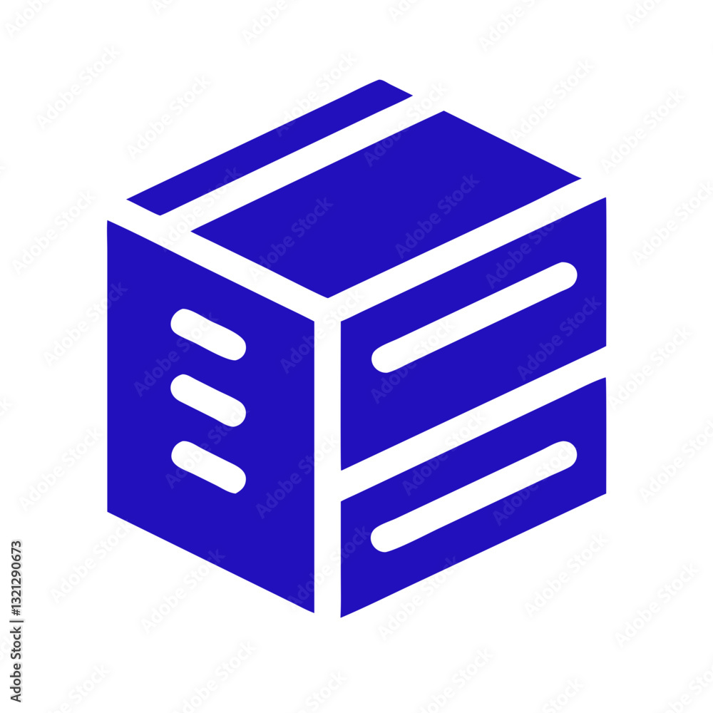 Poster isometric server icon, blue database symbol, cloud storage, data hosting, web server infrastructure,