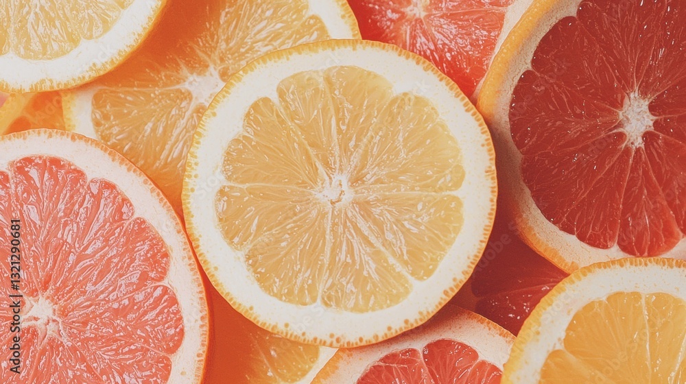 Poster close-up of a group of grapefruit slices. the slices are arranged in a scattered manner, with some o