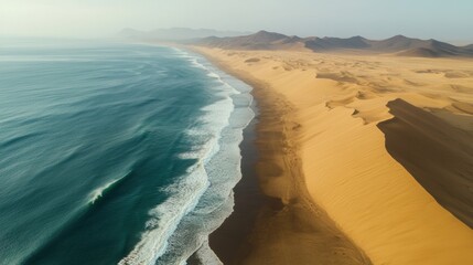 Waves crashing on a sandy desert coastline at sunrise