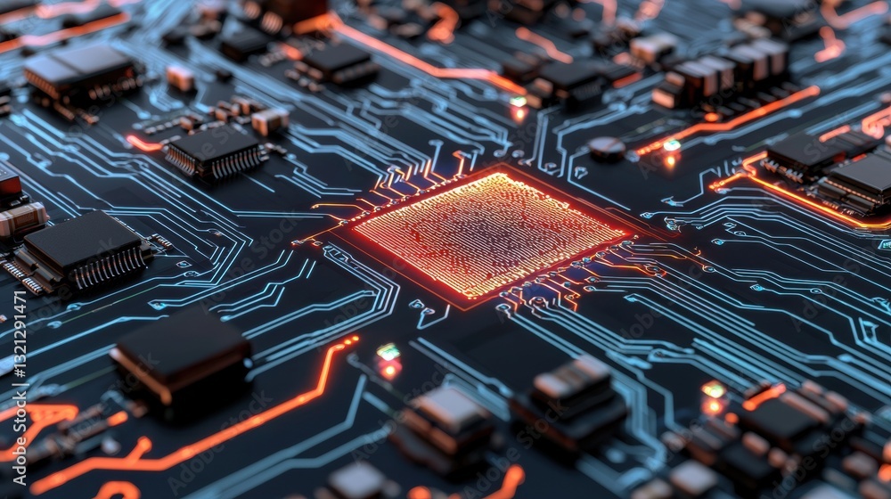 Poster close-up of a printed circuit board (pcb) with various electronic components scattered across it. th