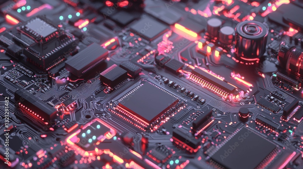 Poster close-up of a computer motherboard with various electronic components. the motherboard is black with
