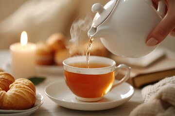 Warm tea poured into delicate cup, surrounded by pastries and so