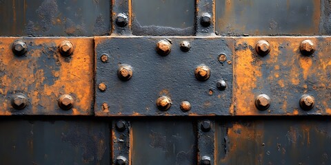 a close-up of a textured metal surface with rivets and rust.