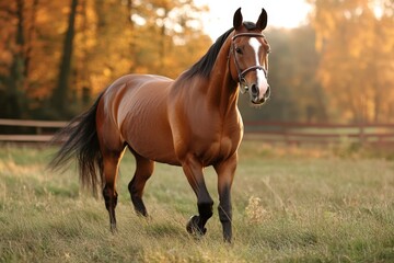 Fototapeta premium Brown horse walks gracefully through a sunlit meadow surrounded by autumn trees in a serene countryside setting