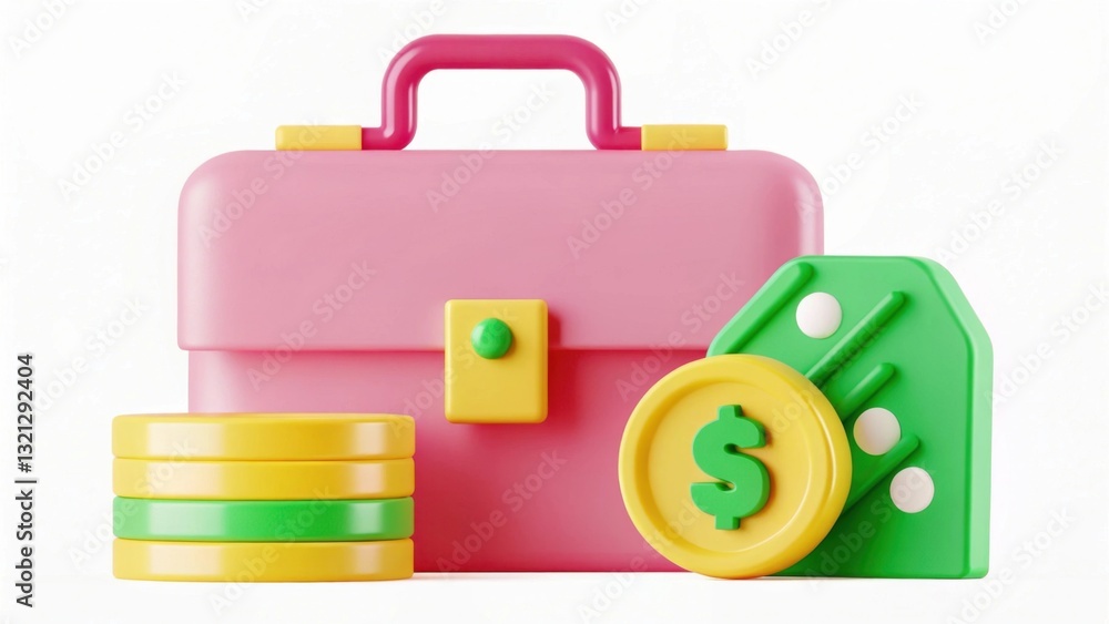 Poster a colorful toy toolbox with coins and a price tag, symbolizing finance and business concepts in a pl