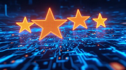 Bright yellow stars glowing over a blue digital circuit board background, futuristic design, depicting ratings, feedback, and digital excellence. Ai generative